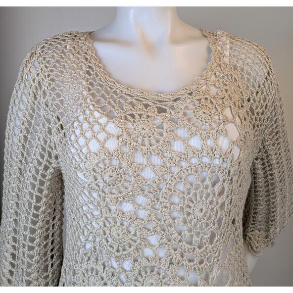 New Westport 1962 Crochet Tunic Top Large Beige Open Knit Boho Coastal Festival - Picture 4 of 11